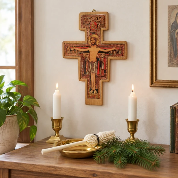 Drewniany komplet kolędowy z krzyżem San Damiano – tradycyjna dekoracja religijna