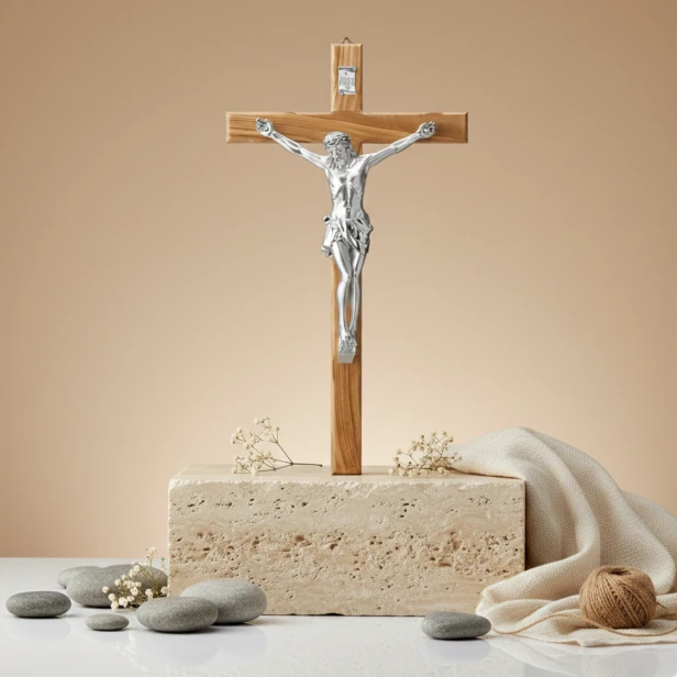 Krzyż z drewna oliwnego 25 cm – aranżacja religijna z Biblią