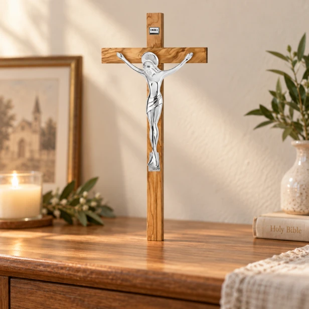 Włoski krzyż oliwny 23 cm – jasne drewno i srebrzysta figura Chrystusa