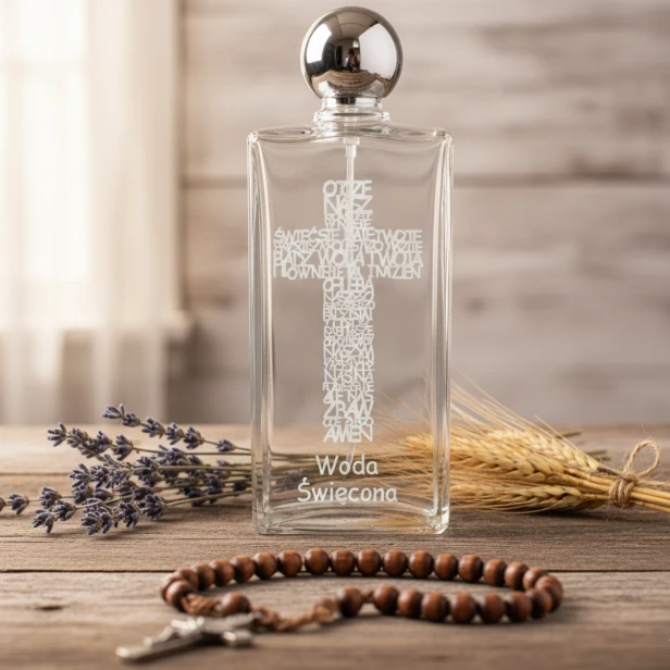Szklana buteleczka na wodę święconą 100 ml – rustykalna aranżacja