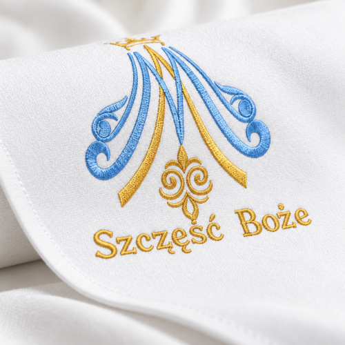 Haftowany monogram Maryi i napis Szczęść Boże – detal serwety kolędowej
