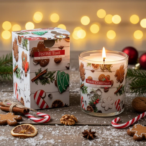 Świeca zapachowa Czas Radości – Merry Christmas, aranżacja świąteczna