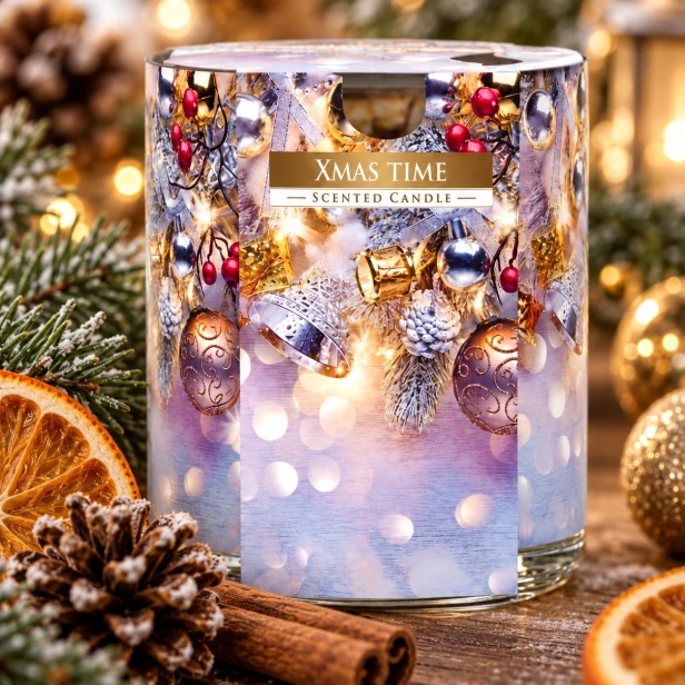 Świeca zapachowa XMAS TIME – detal świątecznej etykiety i szklanego pojemnika