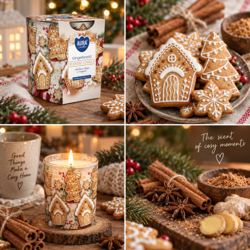 Świeca Gingerbread – kolaż bożonarodzeniowych aranżacji z piernikami