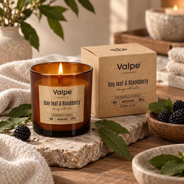 Świeca zapachowa Bay Leaf & Blackberry – elegancka świeca w szkle na prezent