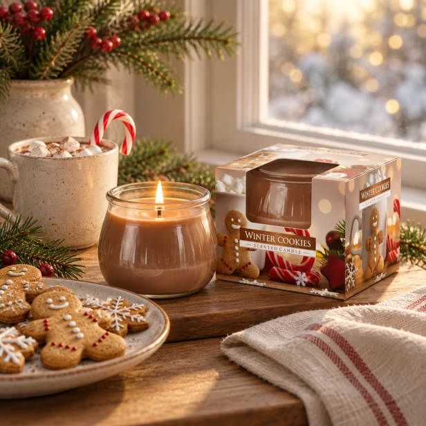 Świeca Winter Cookies w szkle – dekoracja świątecznego stołu