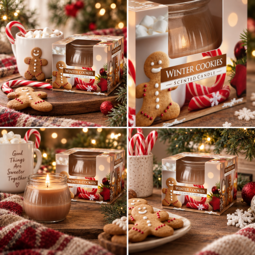 Świeca Winter Cookies – kolaż bożonarodzeniowych aranżacji z ciasteczkami
