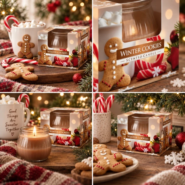 Świeca Winter Cookies – kolaż bożonarodzeniowych aranżacji z ciasteczkami