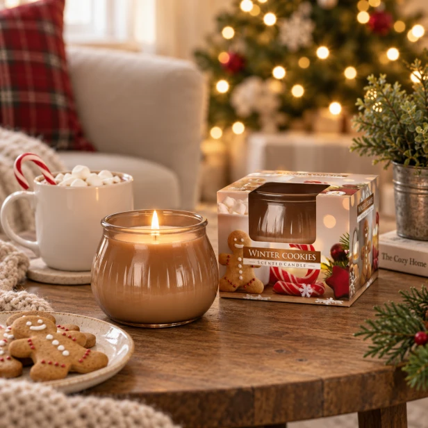 Świeca zapachowa Winter Cookies – przytulna aranżacja z zimowymi ciasteczkami