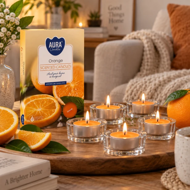 Tealighty zapachowe Orange – pomarańczowe świeczki w domowej aranżacji