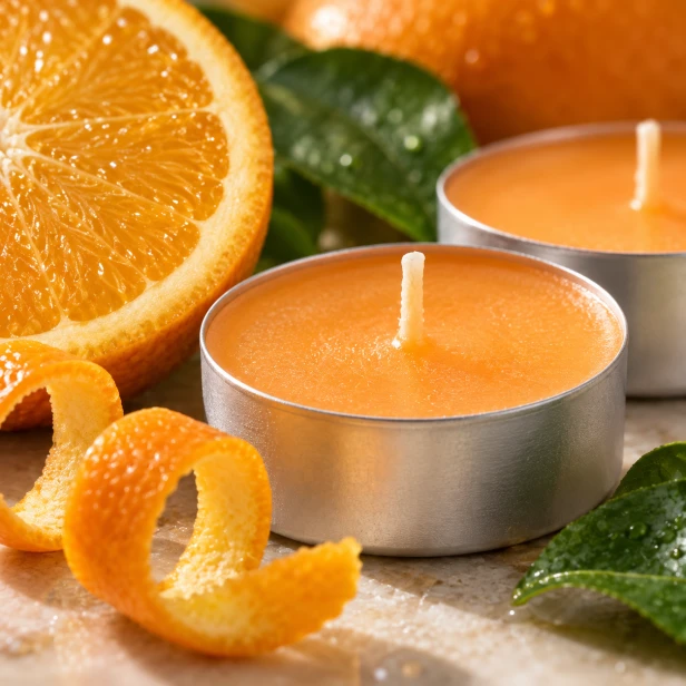 Podgrzewacze zapachowe Orange – zbliżenie świeczek i świeżych pomarańczy