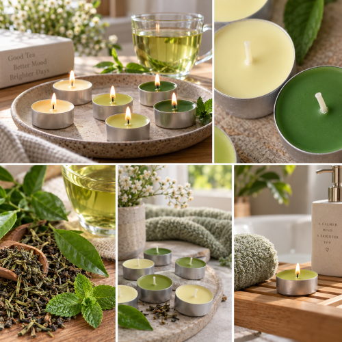 Podgrzewacze Green Tea 30 szt. – kolaż aranżacji z zieloną herbatą