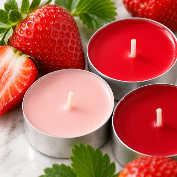 Czerwone podgrzewacze zapachowe Truskawka – zbliżenie świeczek tealight