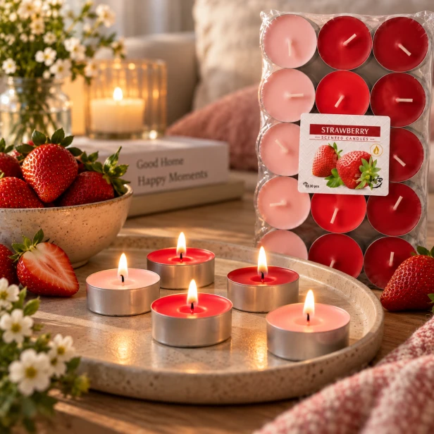 Świeczki tealight Truskawka – zapalone podgrzewacze w owocowej aranżacji
