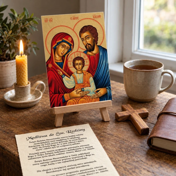 Pocztówka religijna 10 × 15 cm – Święta Rodzina i modlitwa na odwrocie