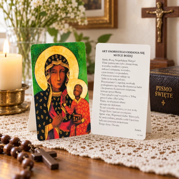 Matka Boża Częstochowska – karta religijna z modlitwą w domowej aranżacji
