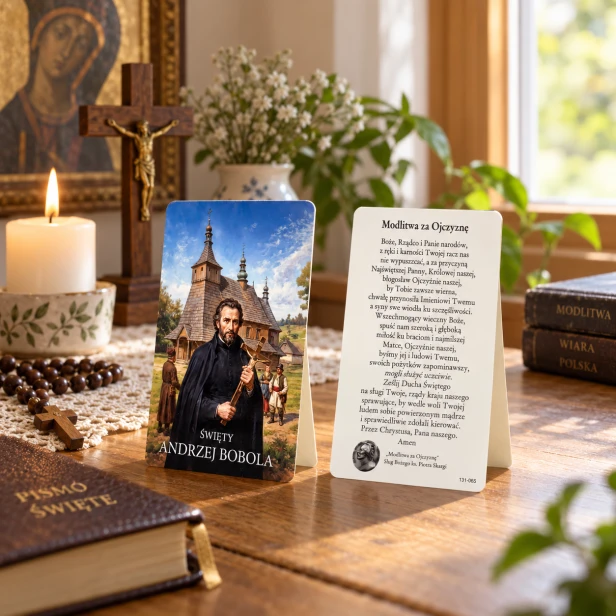 Obrazek św. Andrzeja Boboli ze stojaczkiem – karta religijna do modlitwy