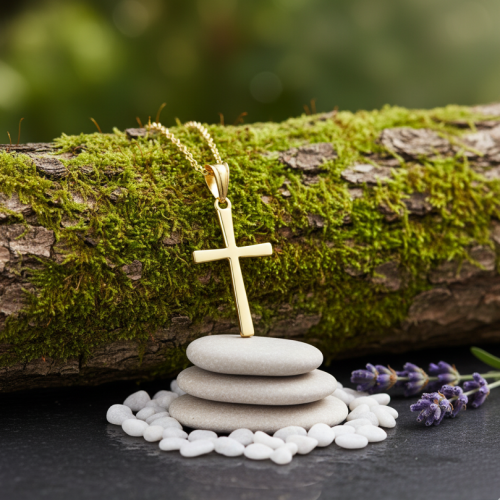 Krzyżyk pozłacany ze srebra 925 – biżuteria religijna w naturalnej aranżacji