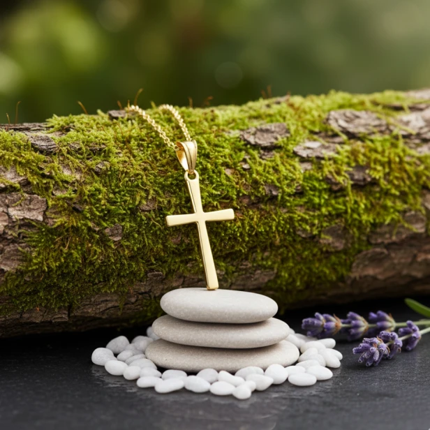 Krzyżyk pozłacany ze srebra 925 – biżuteria religijna w naturalnej aranżacji