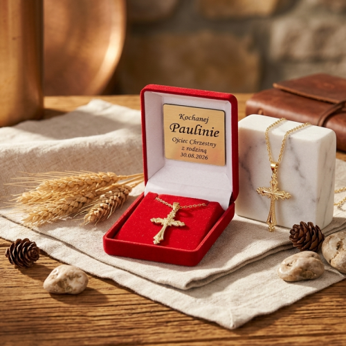 Krzyżyk ornamentowy pozłacany ze srebra 925 – aranżacja prezentowa