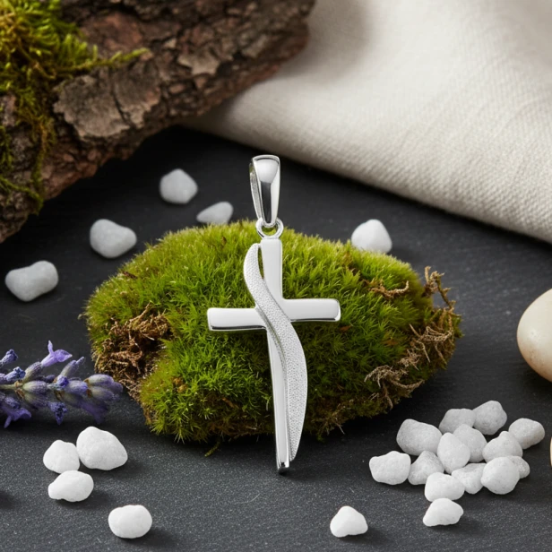 Srebrny krzyżyk CROSS z łańcuszkiem – biżuteria religijna w aranżacji