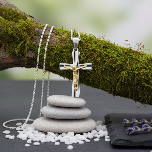 Krucyfiks srebrny 925 z łańcuszkiem – biżuteria religijna w naturalnej aranżacji