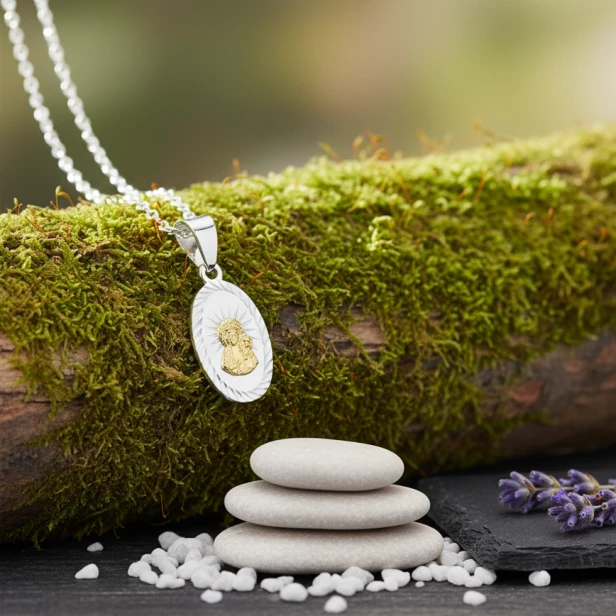 Medalik srebrny diamentowany z pozłacanym wizerunkiem Maryi – aranżacja naturalna