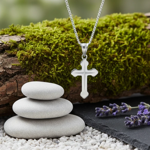 Srebrny krzyżyk diamentowany 925 – zawieszka w naturalnej aranżacji