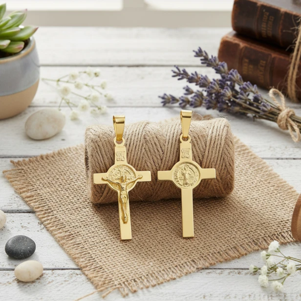 Pozłacany krzyż św. Benedykta – dwustronna zawieszka religijna