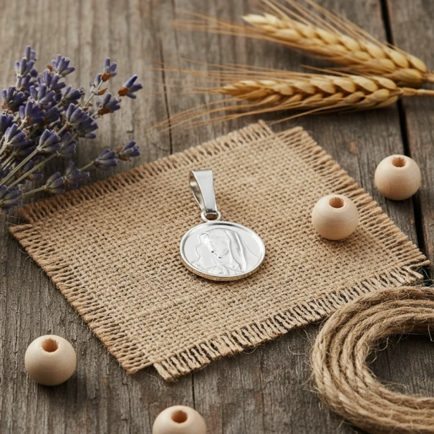 Srebrny medalik Matka Boża Bolesna – zawieszka w rustykalnej aranżacji