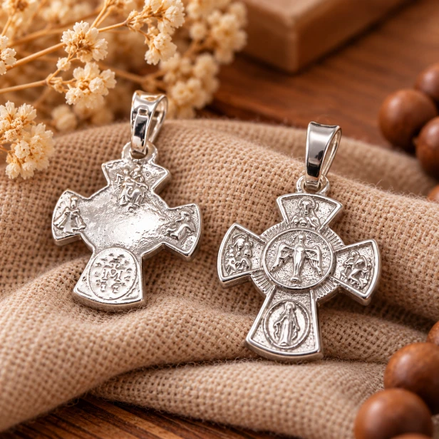 Srebrny krzyżyk Duch Święty – zawieszka religijna na lnianym tle