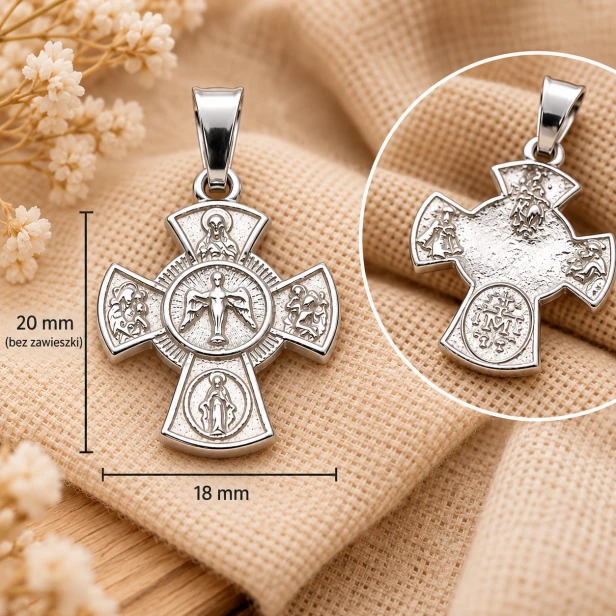 Srebrny krzyżyk dwustronny 925 – symbole maryjne i Duch Święty