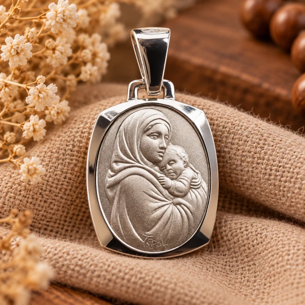 Srebrny medalik Madonna z Dzieciątkiem – zawieszka 925 na lnie