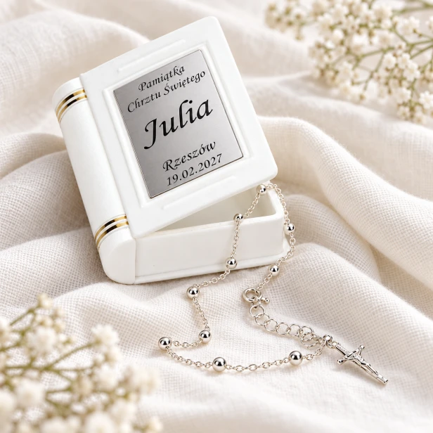 Srebrna dziesiątka różańca w szkatułce – personalizowana pamiątka chrztu