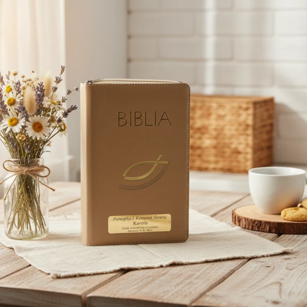 Biblia z grawerem na Pierwszą Komunię – beżowa oprawa na suwak