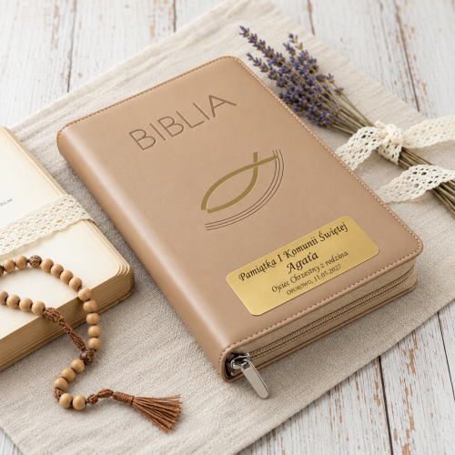 Biblia komunijna z grawerem – beżowa oprawa i różaniec
