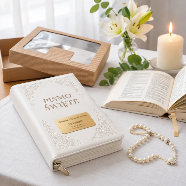 Pismo Święte oazowe z grawerem – otwarta Biblia i paginatory
