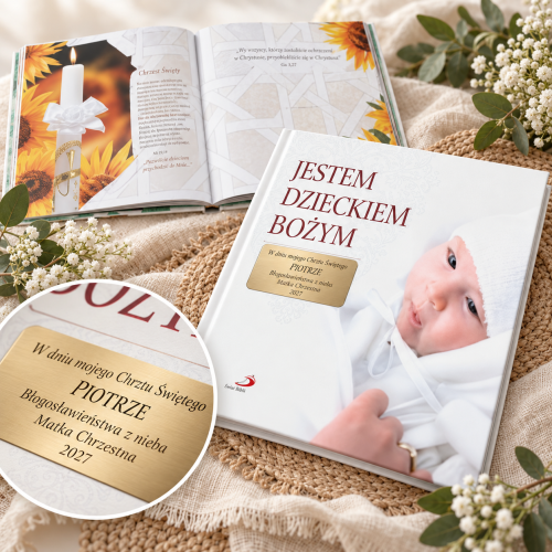 Personalizowany album chrzcielny Jestem dzieckiem Bożym – aranżacja kwiatowa