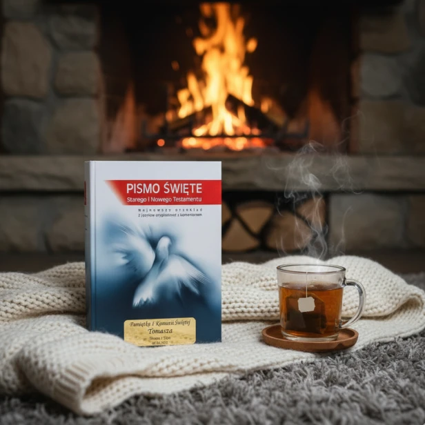 Duża Biblia Stary i Nowy Testament – aranżacja przy kominku