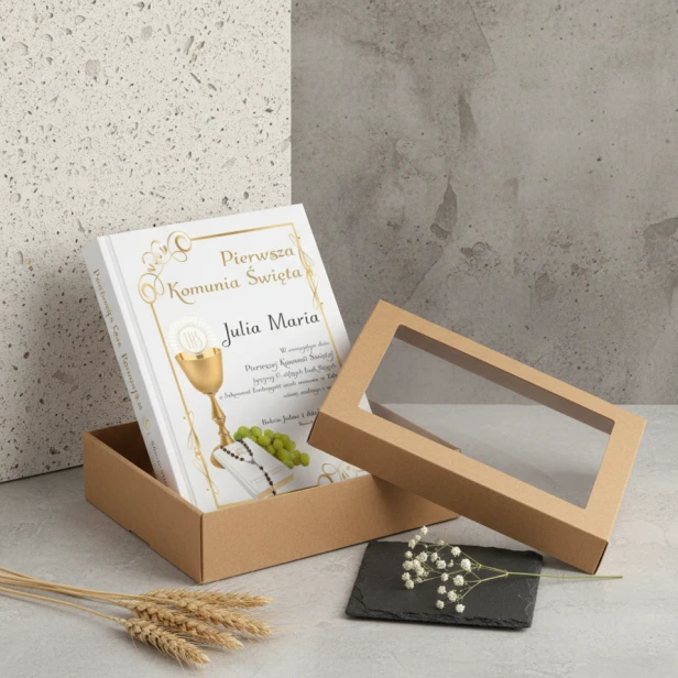 pudełko z okienkiem  KRAFT - Biblia IHS z personalizowanym nadrukiem UV – Pamiątka I Komunii Świętej