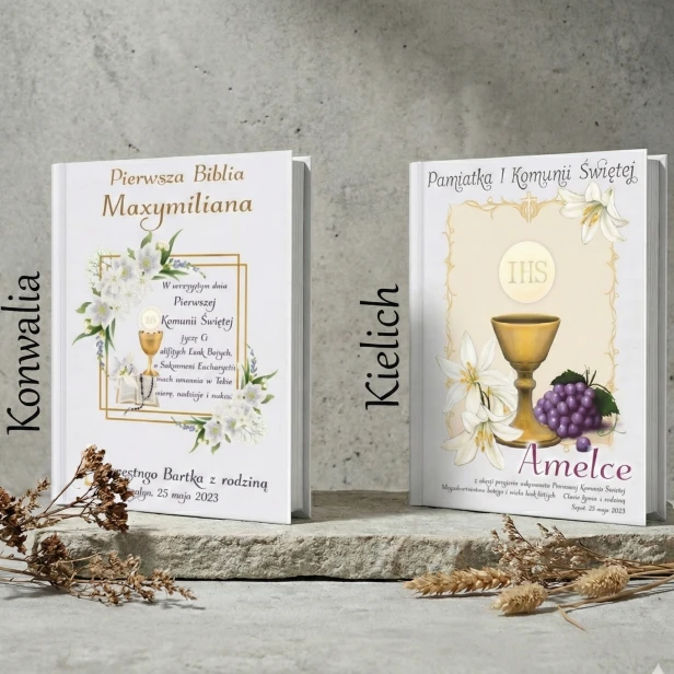 projekt KIELICH i KONWALIA - Biblia IHS z personalizowanym nadrukiem UV – Pamiątka I Komunii Świętej