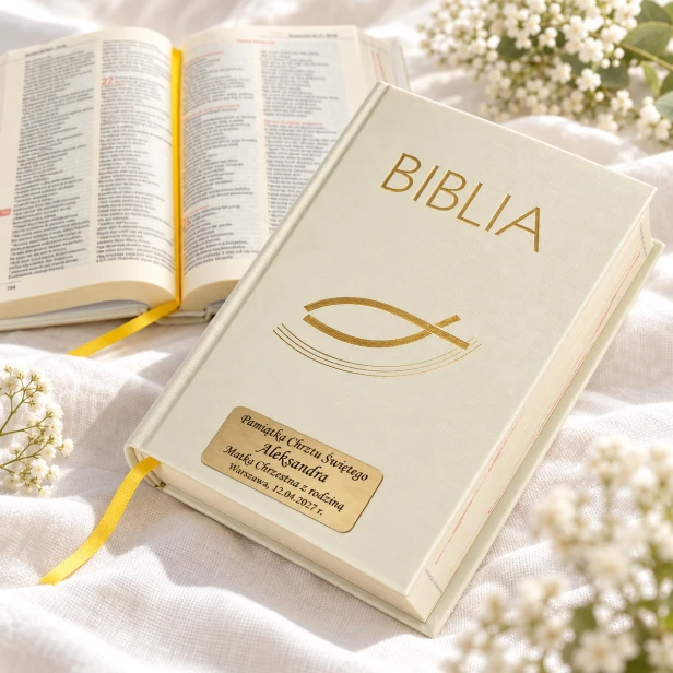 Biblia ecru z grawerem – pamiątka Chrztu Świętego w jasnej aranżacji