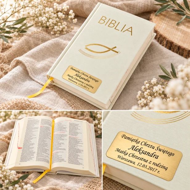 Biblia ecru z rybką – kolaż detali Pisma Świętego z grawerem