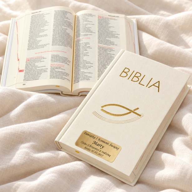 Biblia ecru z rybką – elegancka aranżacja komunijna z grawerem