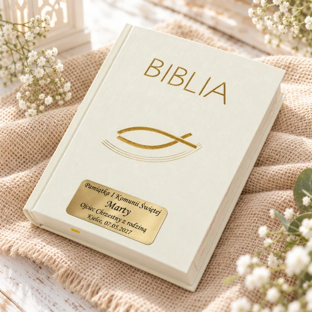 Biblia ecru z grawerem – personalizowana pamiątka Pierwszej Komunii