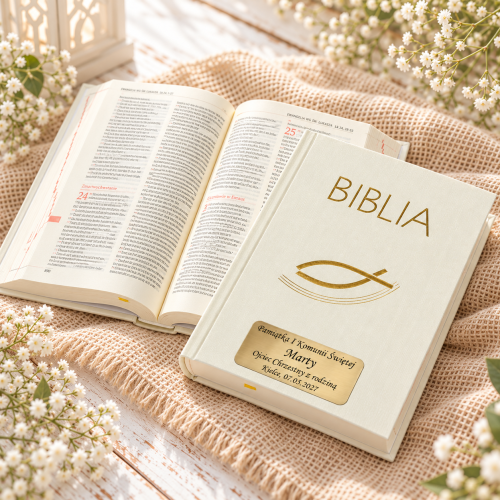 Biblia komunijna ecru – Pismo Święte z dedykacją i otwartymi stronami