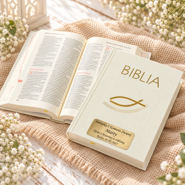 Biblia komunijna ecru – Pismo Święte z dedykacją i otwartymi stronami