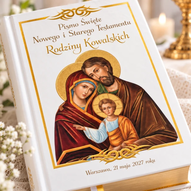 Biblia Paulistów ST i NT – złocone brzegi, nadruk Święta Rodzina Bizantyjaska (?) | Pamiątka Rodzinna