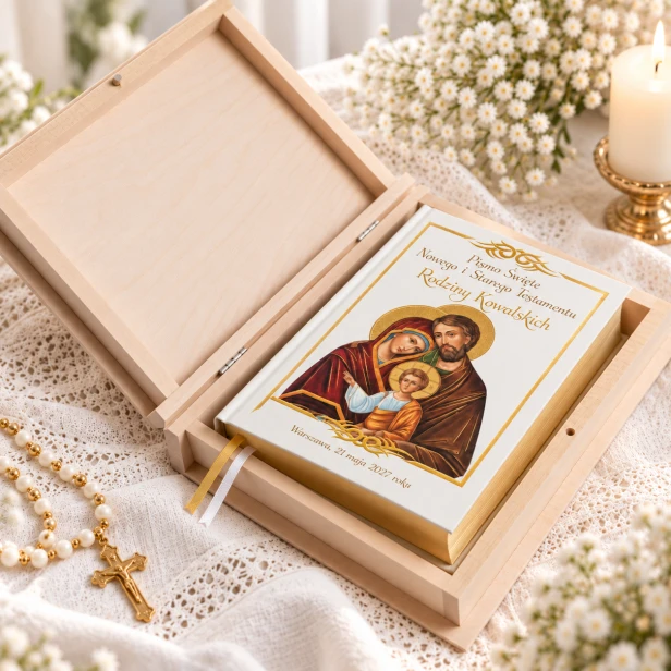 opjnoclanie w zestawie  pudełkiem drewnianym - Biblia Rodzinna – Pismo Święte Starego i Nowego Testamentu z nadrukiem religijnym i złoconymi brzegai