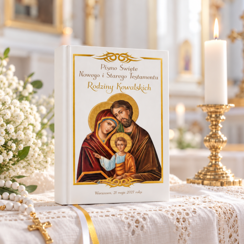 Biblia Paulistów ST i NT – złocone brzegi, nadruk Święta Rodzina Bizantyjaska (?) | Pamiątka Rodzinna